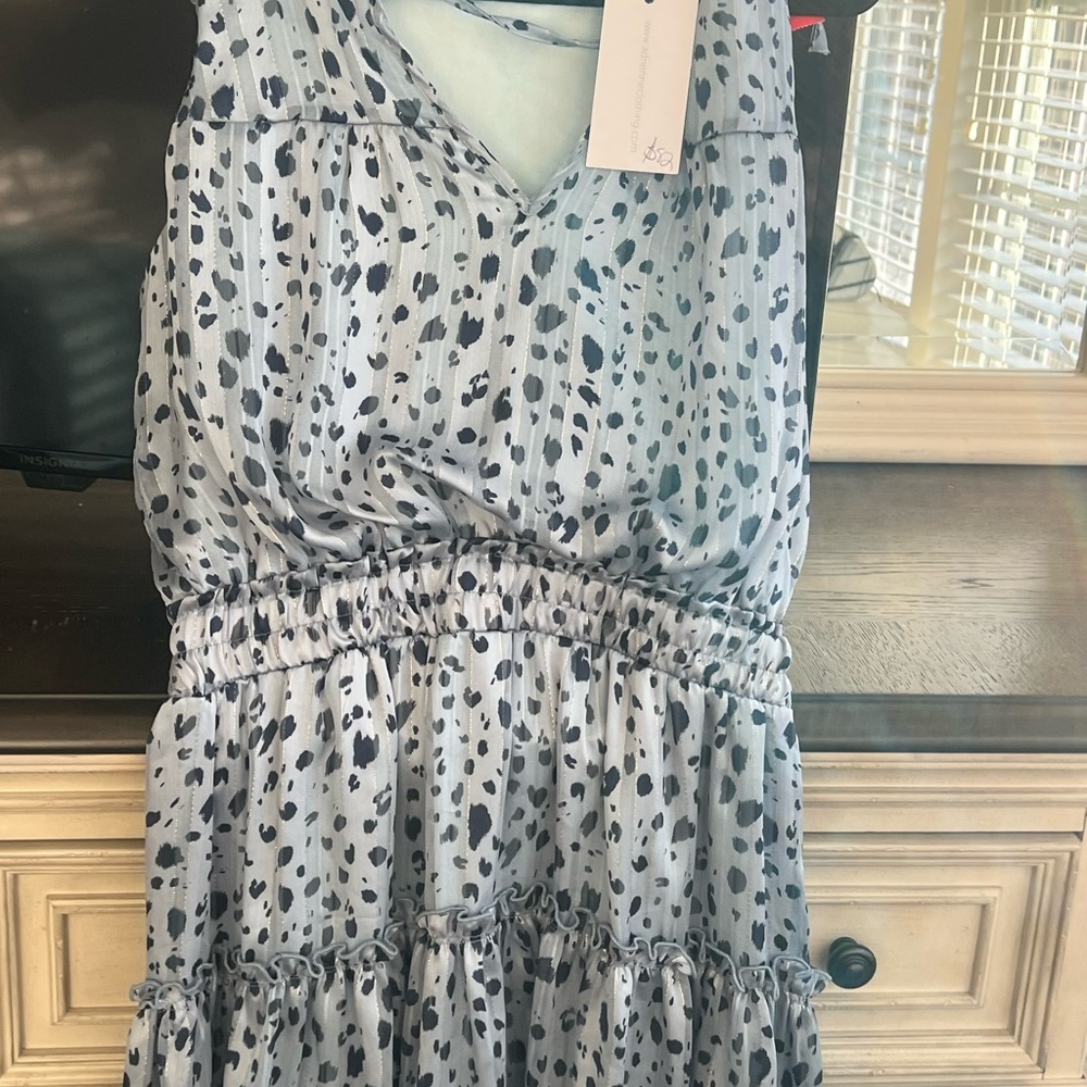 Adrienne blue Spotted Midi Dress with gold striping